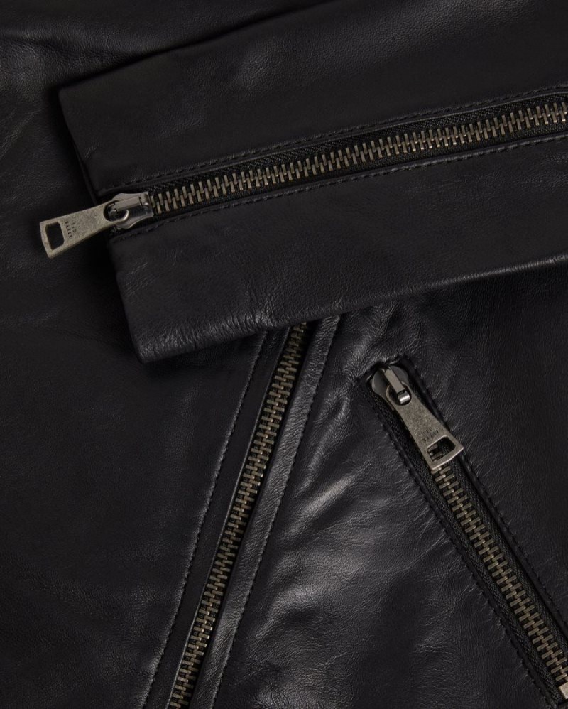 Black Ted Baker Ellaar Fitted Leather Biker Jacket Coats & Jackets | FLJGDOP-80