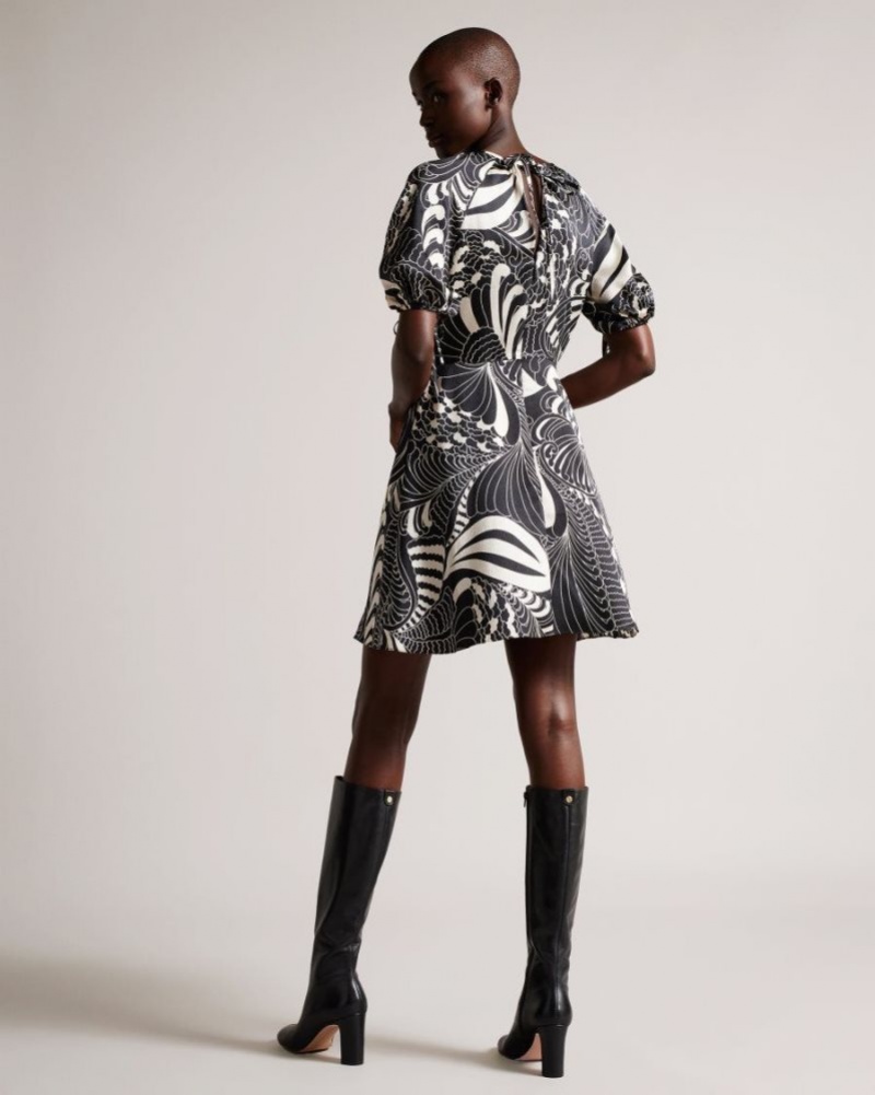 Black Ted Baker Faridda Printed Puff Sleeve Mini Dress Dresses | IOVTFXP-20
