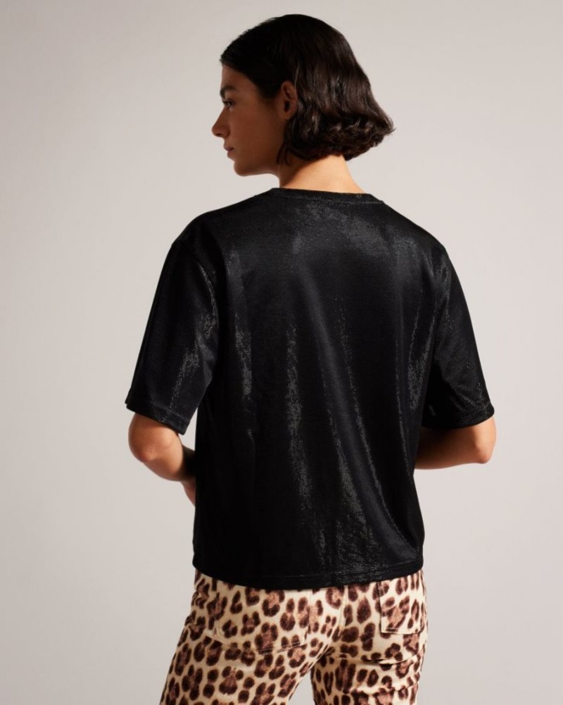 Black Ted Baker Georia Metallic Oversized T-Shirt T-Shirts & Vests | YKQZMHL-93