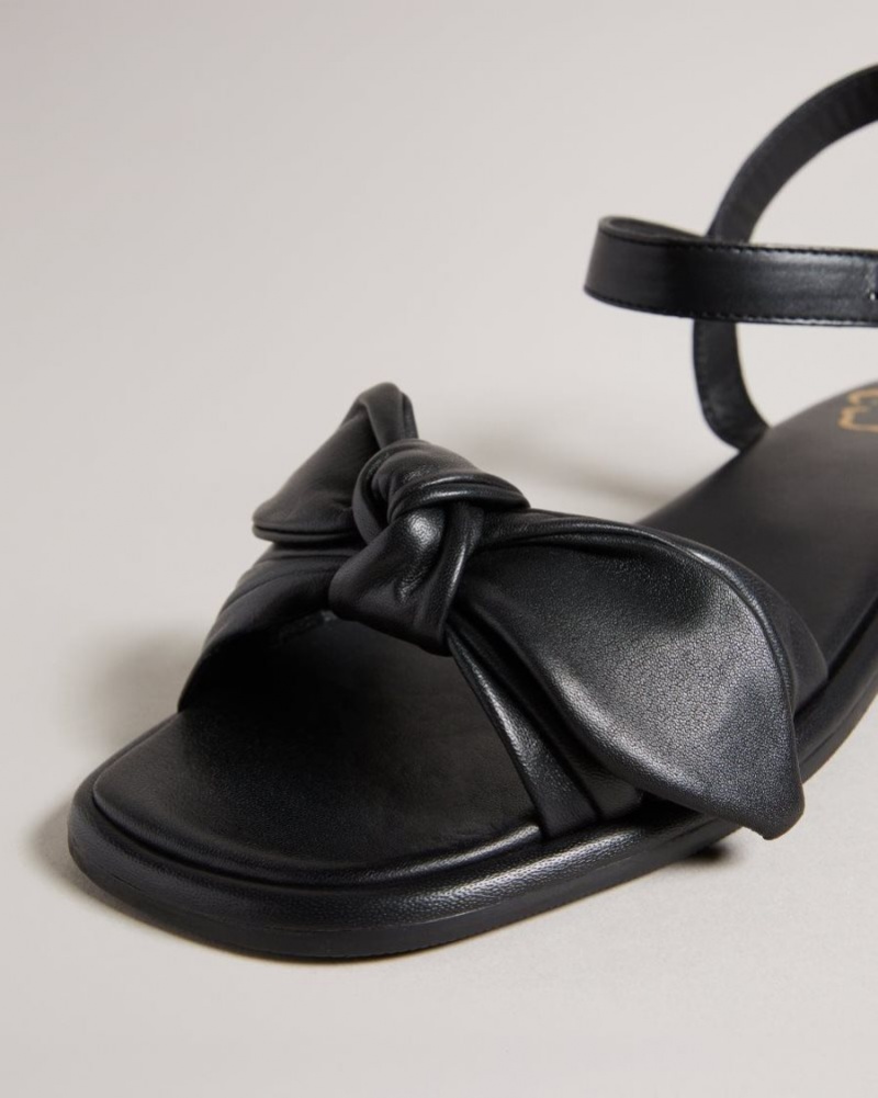 Black Ted Baker Halah Leather Bow Flat Sandal Sandals & Sliders | FTREDVU-89