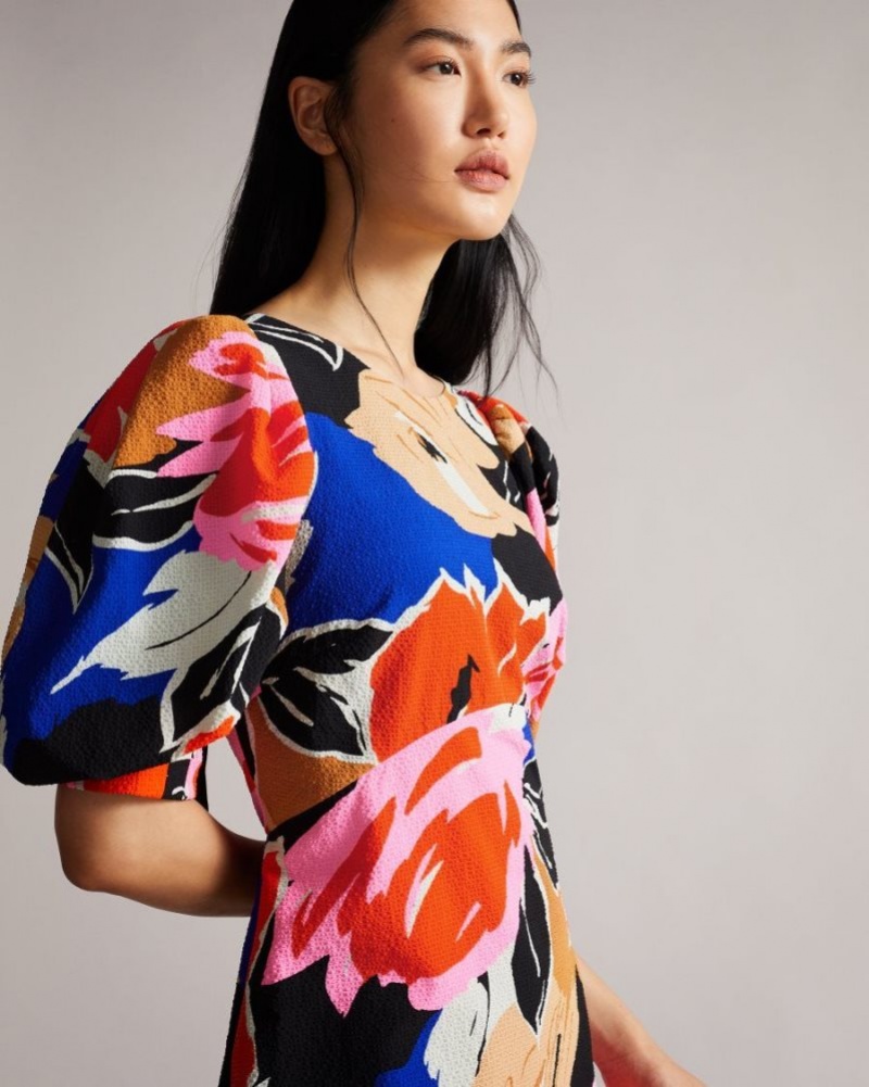 Black Ted Baker Harpia Floral Print Midi Dress Dresses | JOBFHRZ-73