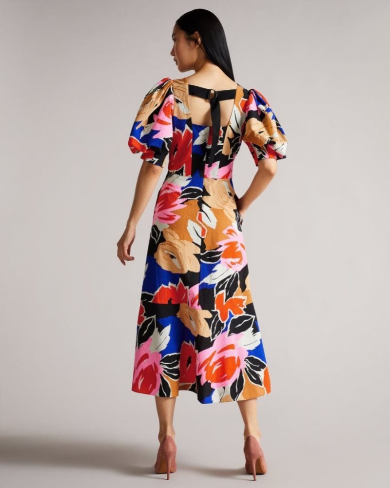 Black Ted Baker Harpia Floral Print Midi Dress Dresses | JOBFHRZ-73