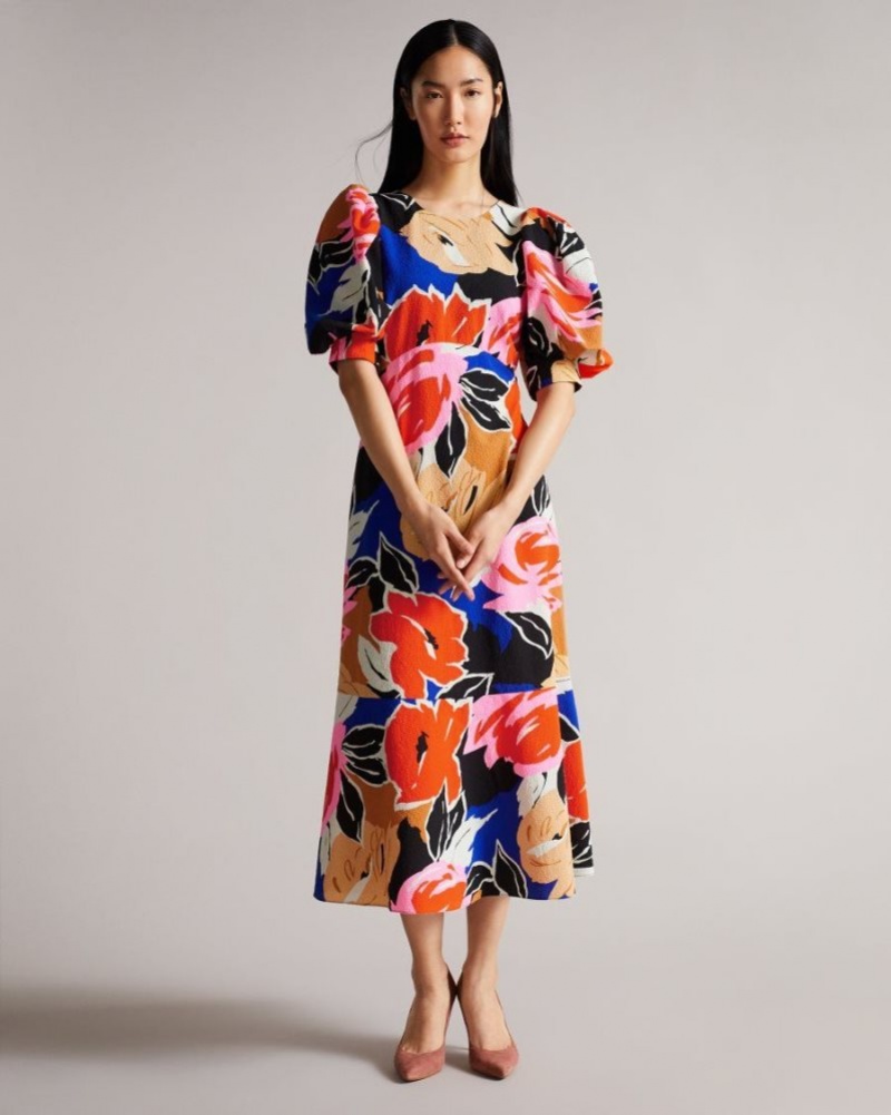Black Ted Baker Harpia Floral Print Midi Dress Dresses | JOBFHRZ-73
