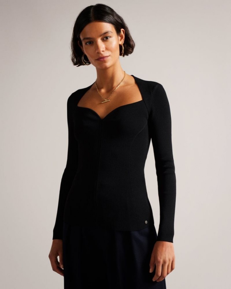 Black Ted Baker Helenh Sweetheart Neckline Knitted Top Jumpers & Cardigans | BGAOUFY-04