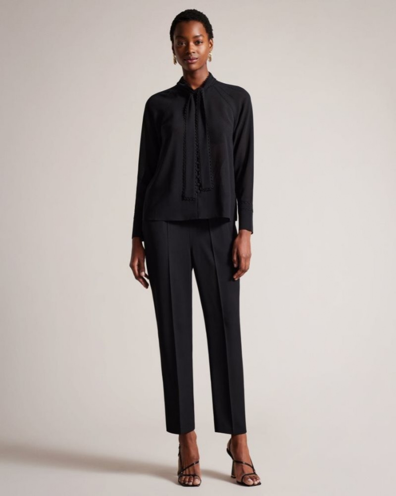 Black Ted Baker Julinaa Blouse with Rouleaux Trim Detail Tops & Blouses | TGFWYXU-79