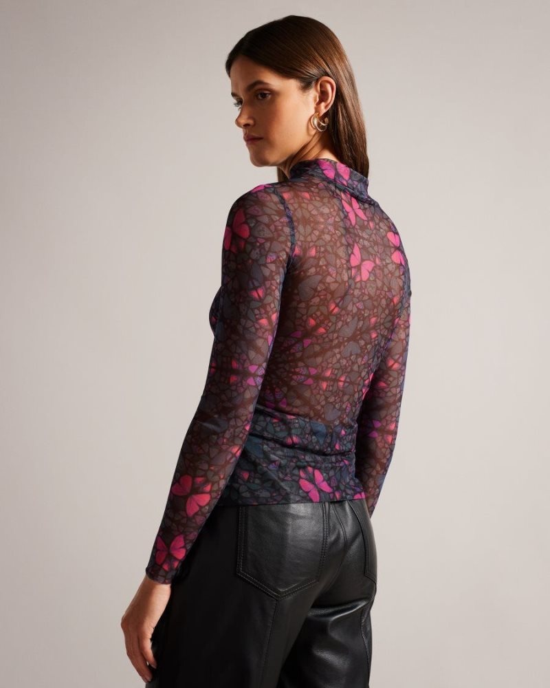 Black Ted Baker Kamill Mesh Fitted Top With High Neck Tops & Blouses | ODLRSEB-89