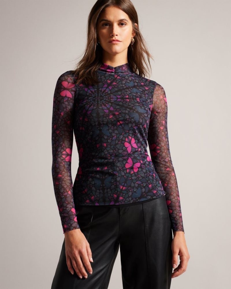 Black Ted Baker Kamill Mesh Fitted Top With High Neck Tops & Blouses | ODLRSEB-89