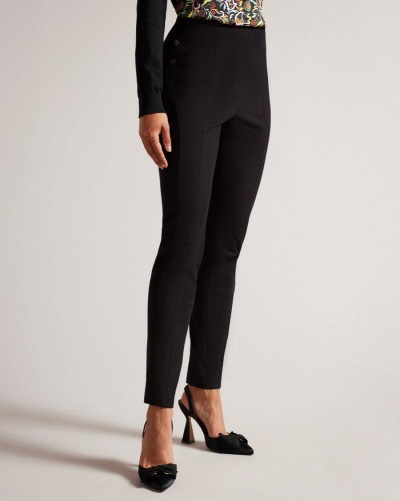 Black Ted Baker Liroi High Waisted Trousers With Faux Poppers Trousers & Shorts | EBNVHFA-19