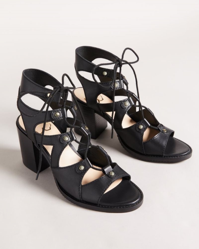 Black Ted Baker Lylla Block Heel Ghillie Sandal Heels | DVWCAIB-41