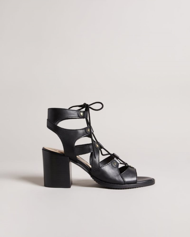 Black Ted Baker Lylla Block Heel Ghillie Sandal Heels | AJNEMGO-70