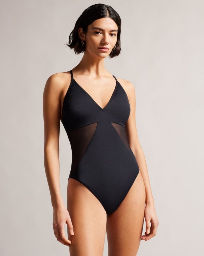 Black Ted Baker Maabel Strappy Swimsuit With Mesh Panels Swimwear & Beachwear | PCGYIHJ-93