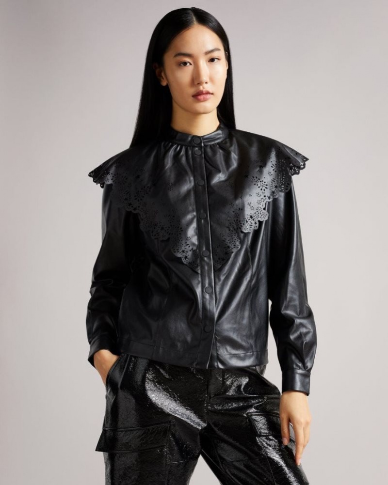 Black Ted Baker Maisson Perforated Pleather Top With Collar Tops & Blouses | ZGMQAEW-46