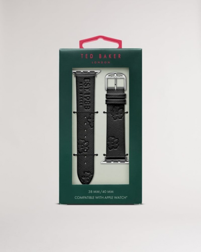 Black Ted Baker Melanib Leather Magnolia Apple Watch Strap Watches | PFGCXOU-12