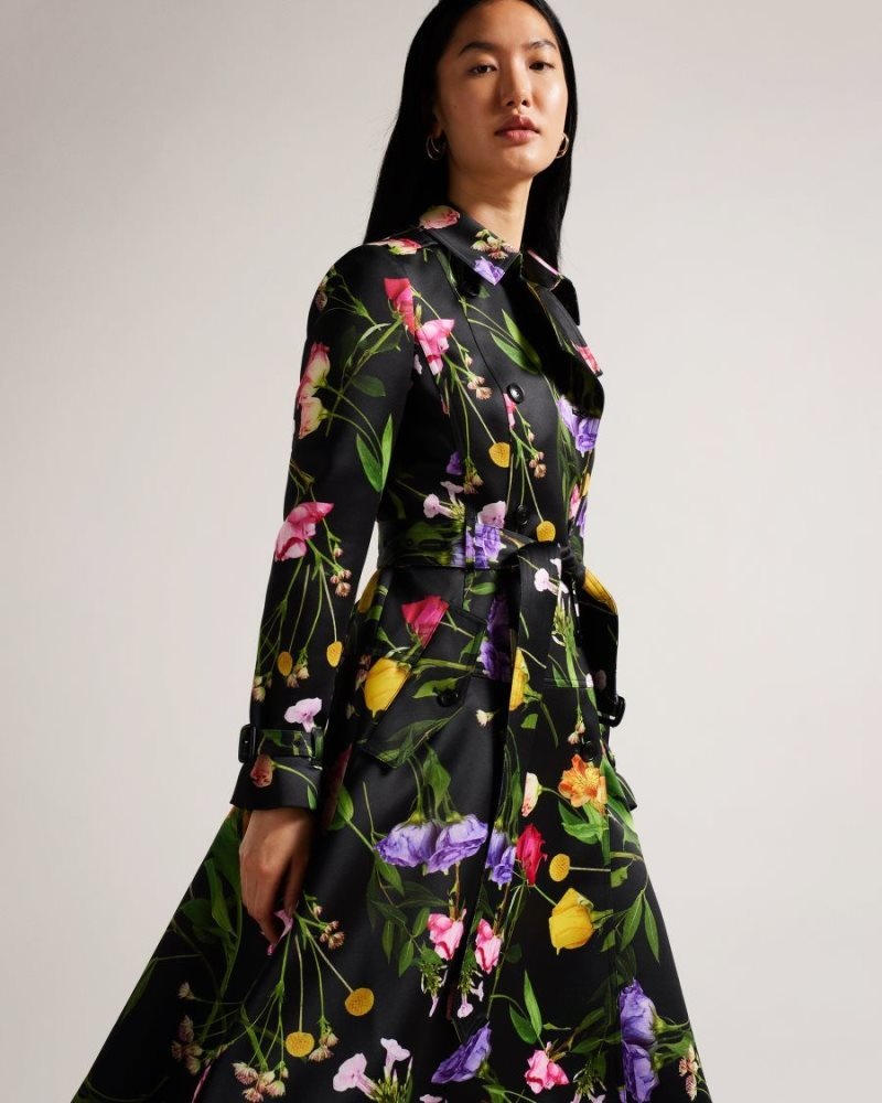 Black Ted Baker Moiraa Floral Double Breasted Trench Coat Coats & Jackets | UAHQWCM-38