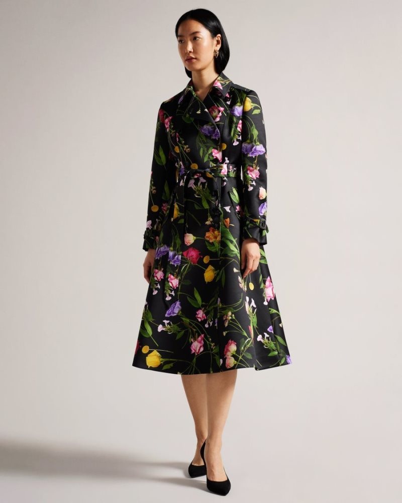 Black Ted Baker Moiraa Floral Double Breasted Trench Coat Coats & Jackets | UAHQWCM-38