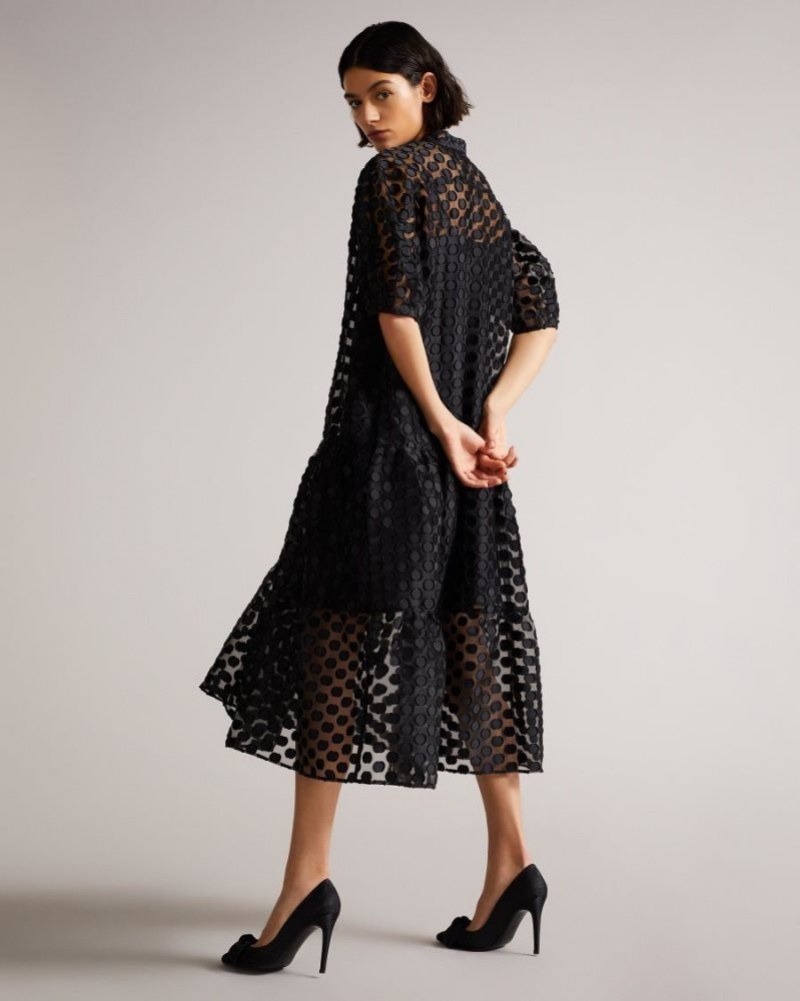 Black Ted Baker Nelanie Oversized Shirt Dress with Puff Sleeve Dresses | OLQRXIW-43