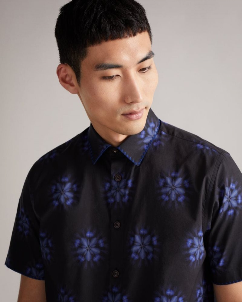 Black Ted Baker Paden Short Sleeve Floral Printed Shirt Shirts | FQAXHMN-93