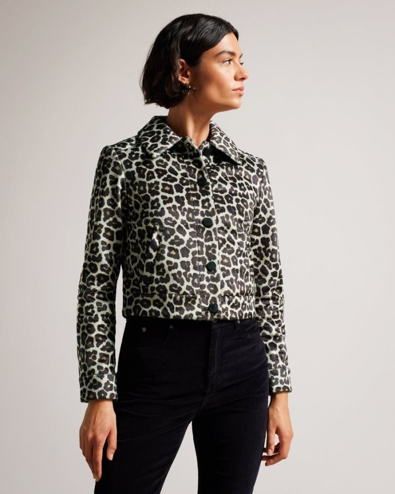 Black Ted Baker Pelham Cropped Leopard Print Jacket Coats & Jackets | OIJWGRB-81