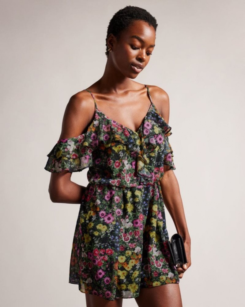 Black Ted Baker Priyahh Off the Shoulder Ruffle Playsuit Dresses | ONRUCTB-54