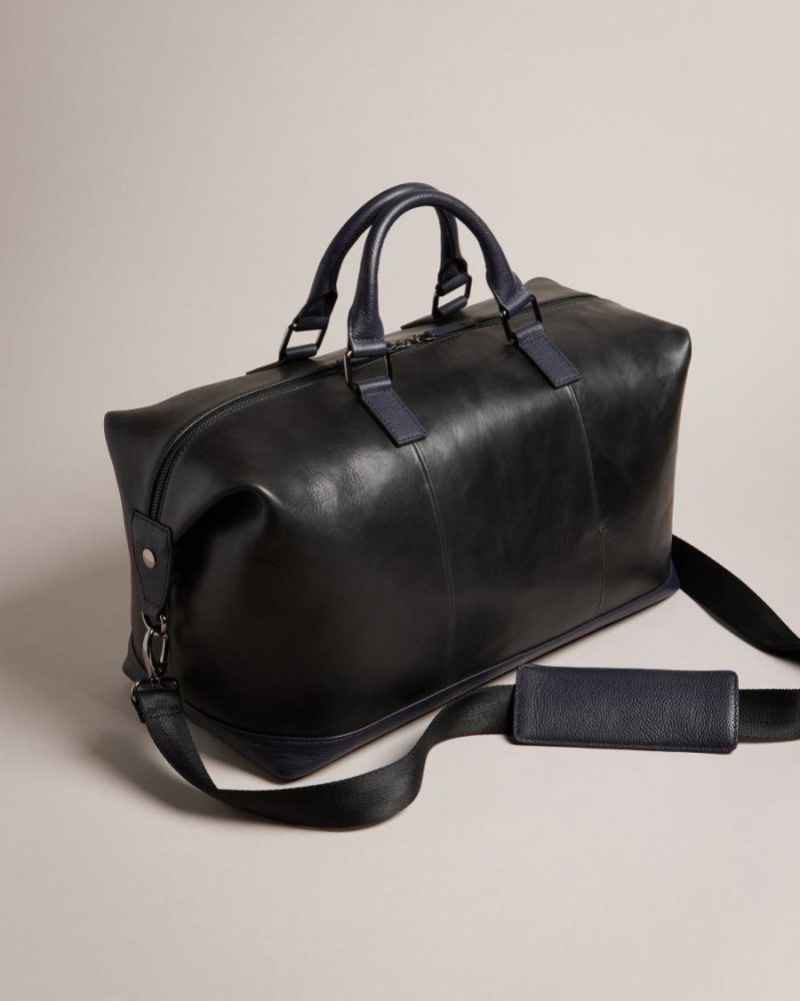 Black Ted Baker Raygon Leather Holdall With Webbing Strap Holdalls & Weekend Bags | NOJECGR-78