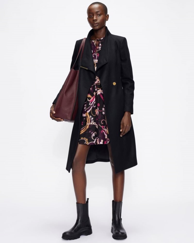 Black Ted Baker Rose Wool Wrap Coat Coats & Jackets | UGLCIOV-38