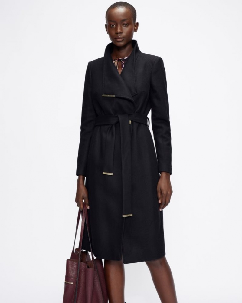 Black Ted Baker Rose Wool Wrap Coat Coats & Jackets | UGLCIOV-38