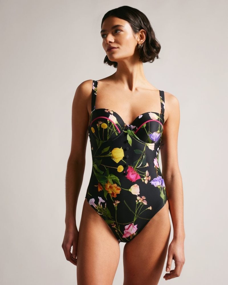 Black Ted Baker Saffiey Floral Balconette Swimming Costume Swimwear & Beachwear | FLBQOWT-40