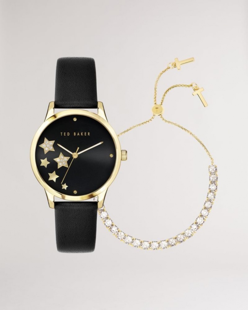 Black Ted Baker Starlit Star Watch And Bracelet Gift Set Jewellery | MJQPSXK-36