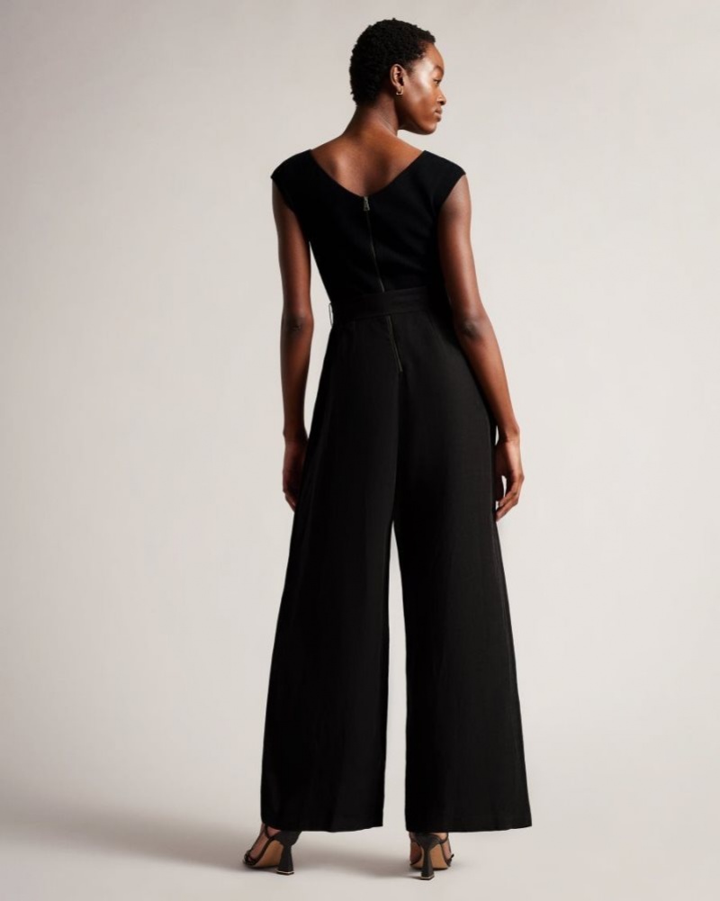 Black Ted Baker Tabbiaa Knitted Bodice Wide Leg Jumpsuit Trousers & Shorts | KVXCPFI-10