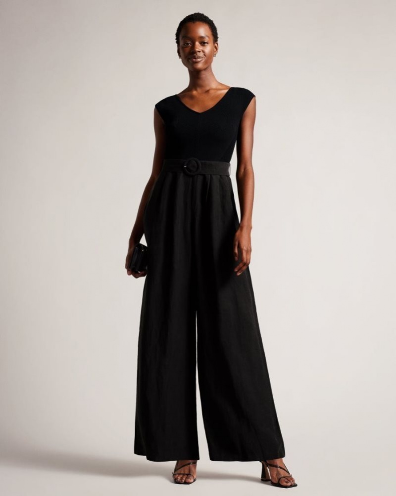 Black Ted Baker Tabbiaa Knitted Bodice Wide Leg Jumpsuit Trousers & Shorts | KVXCPFI-10