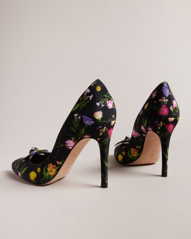 Black Ted Baker Telini Floral Print Bow Court Heels Heels | BUMZWND-25
