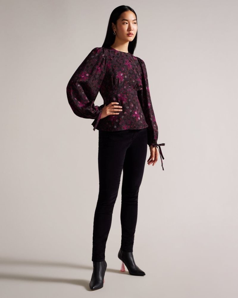 Black Ted Baker Terre Printed Peplum Top With Cuffed Sleeves Tops & Blouses | QRPMOFK-84
