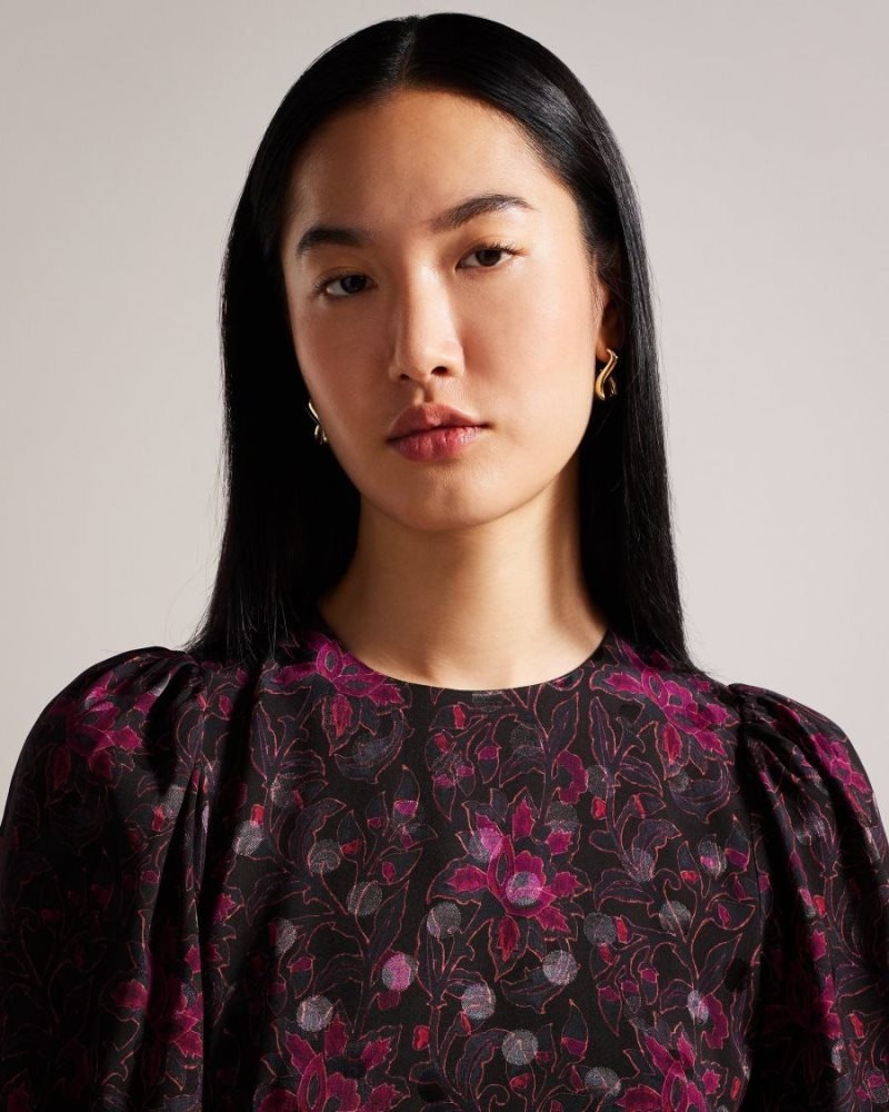 Black Ted Baker Terre Printed Peplum Top With Cuffed Sleeves Tops & Blouses | QRPMOFK-84