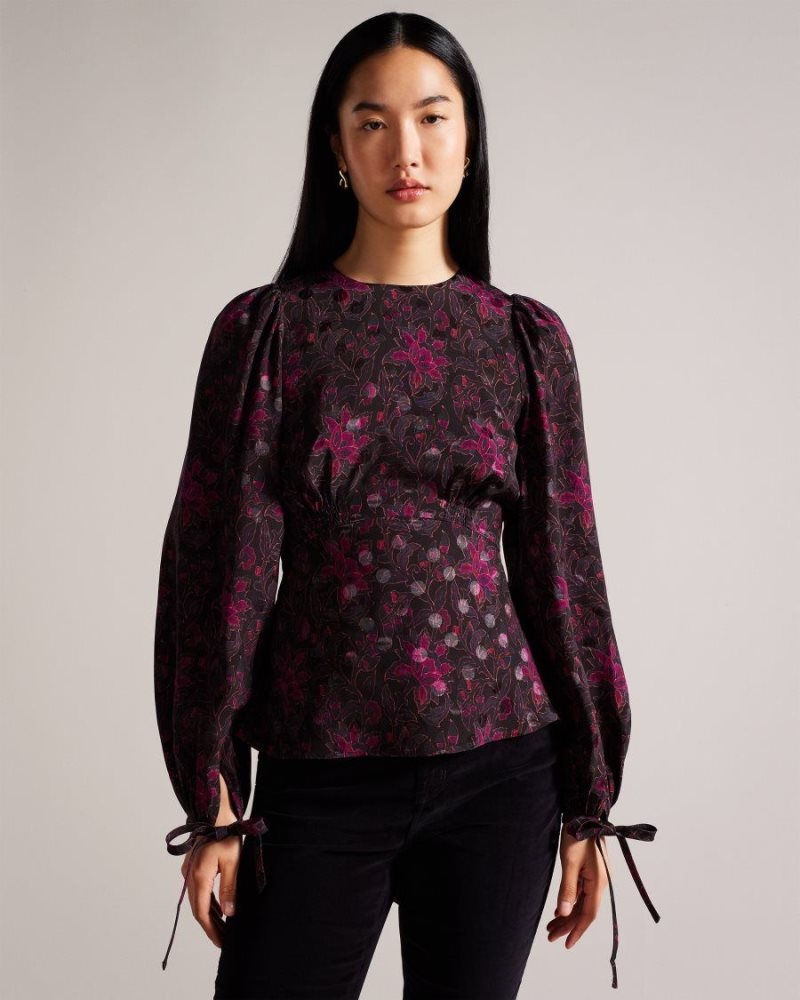 Black Ted Baker Terre Printed Peplum Top With Cuffed Sleeves Tops & Blouses | QRPMOFK-84