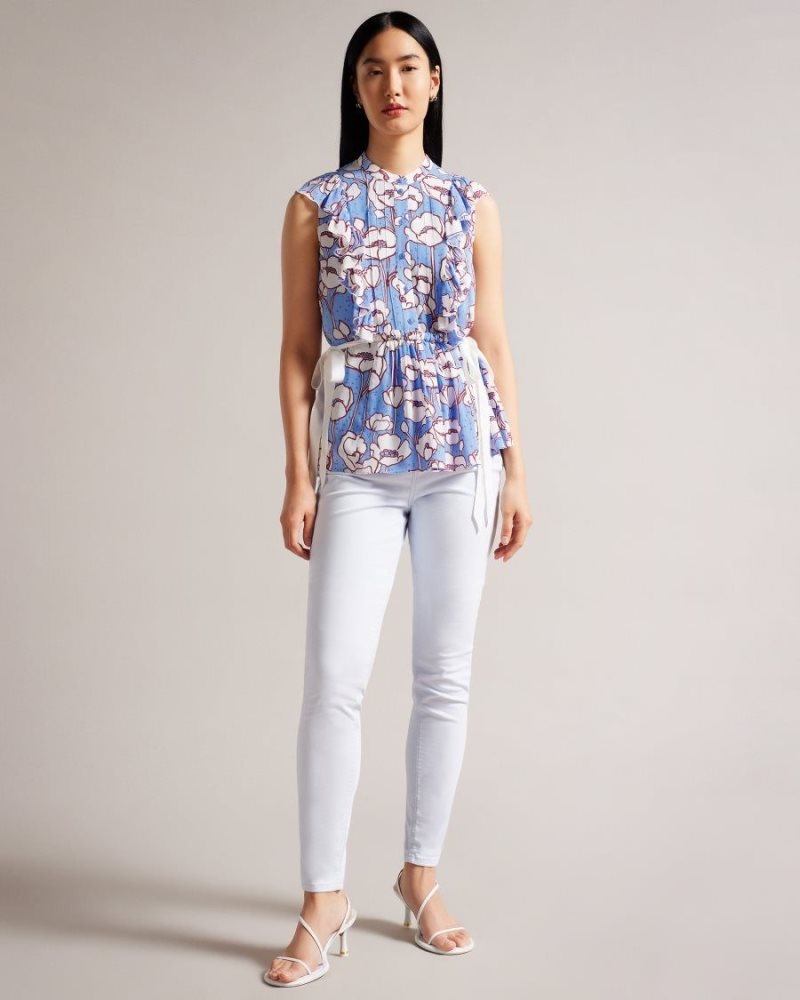 Blue Ted Baker Audriar Poppy Peplum Top With Contrast Ties Tops & Blouses | HKJSVWI-65