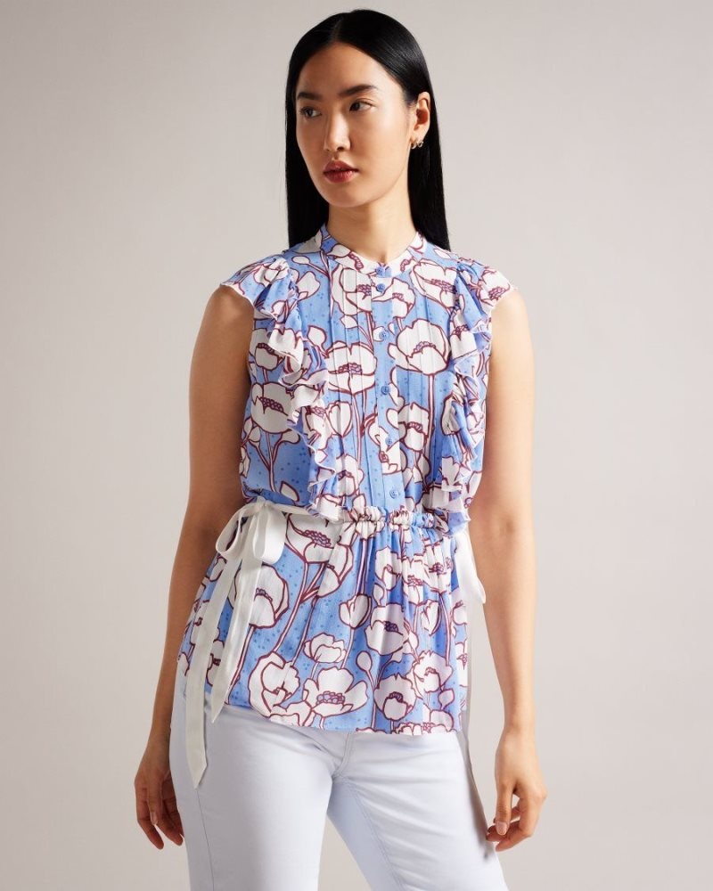 Blue Ted Baker Audriar Poppy Peplum Top With Contrast Ties Tops & Blouses | HKJSVWI-65