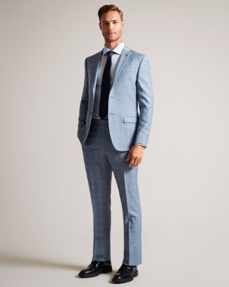 Blue Ted Baker Hernets Pure Wool Check Suit Trousers Suits | PNVCJGM-45