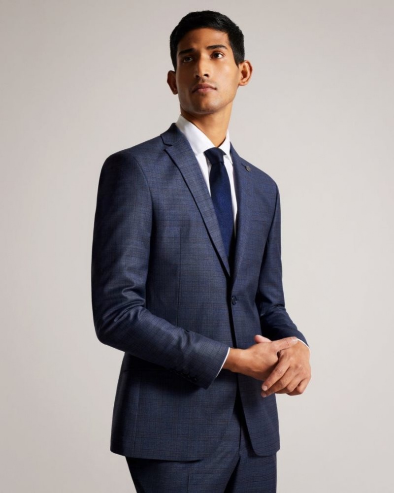 Blue Ted Baker Portejs Wool Blend Check Jacket Suits | CAOUGPN-34