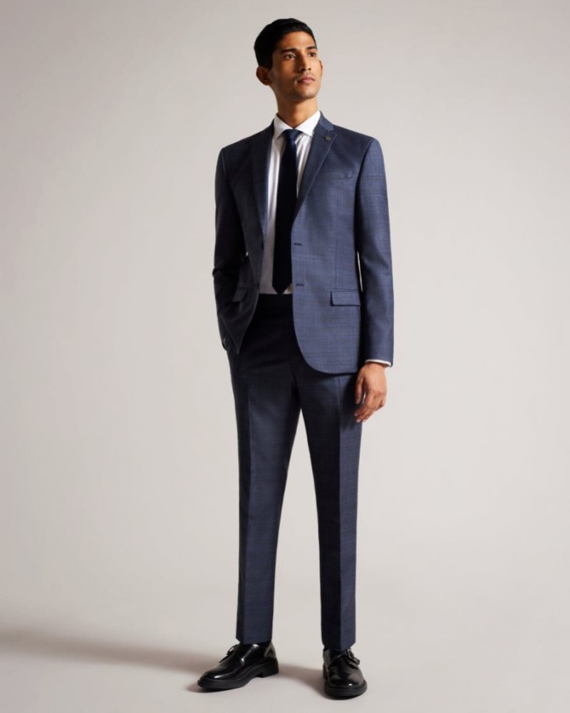 Blue Ted Baker Portets Wool Blend Check Trousers Suits | THVKQBI-01