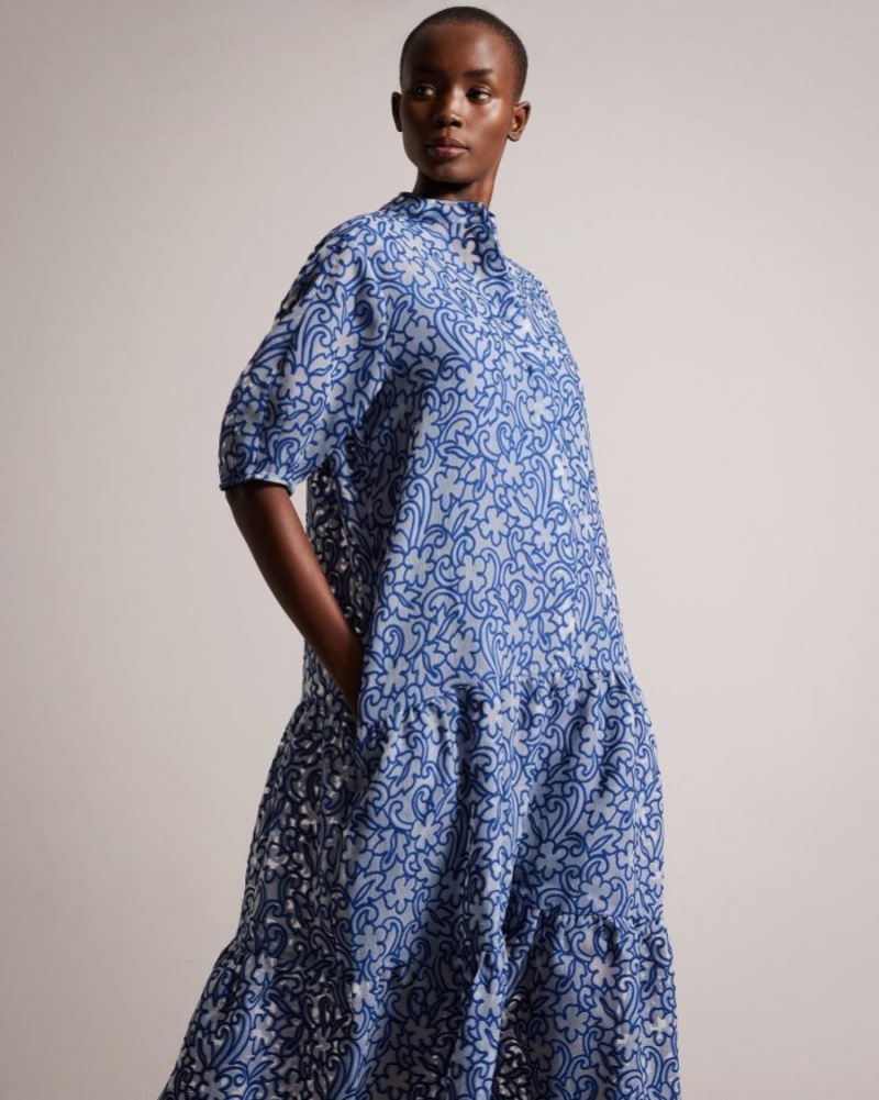 Bright Blue Ted Baker Camriyn Oversized Shirt Dress with Puff Sleeve Dresses | QKNMEDB-45