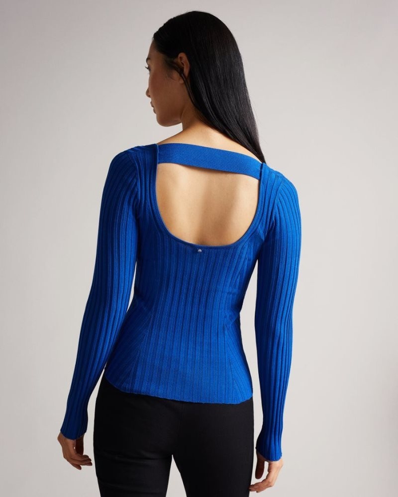 Bright Blue Ted Baker Dakoti Open Back Detailed Knit Top Jumpers & Cardigans | XRCZNSK-35