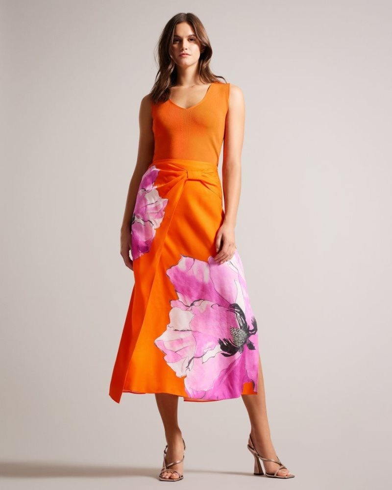 Bright Orange Ted Baker Bethhie Floral Asymmetric Twist Slip Skirt Skirts | VTXMHQK-19