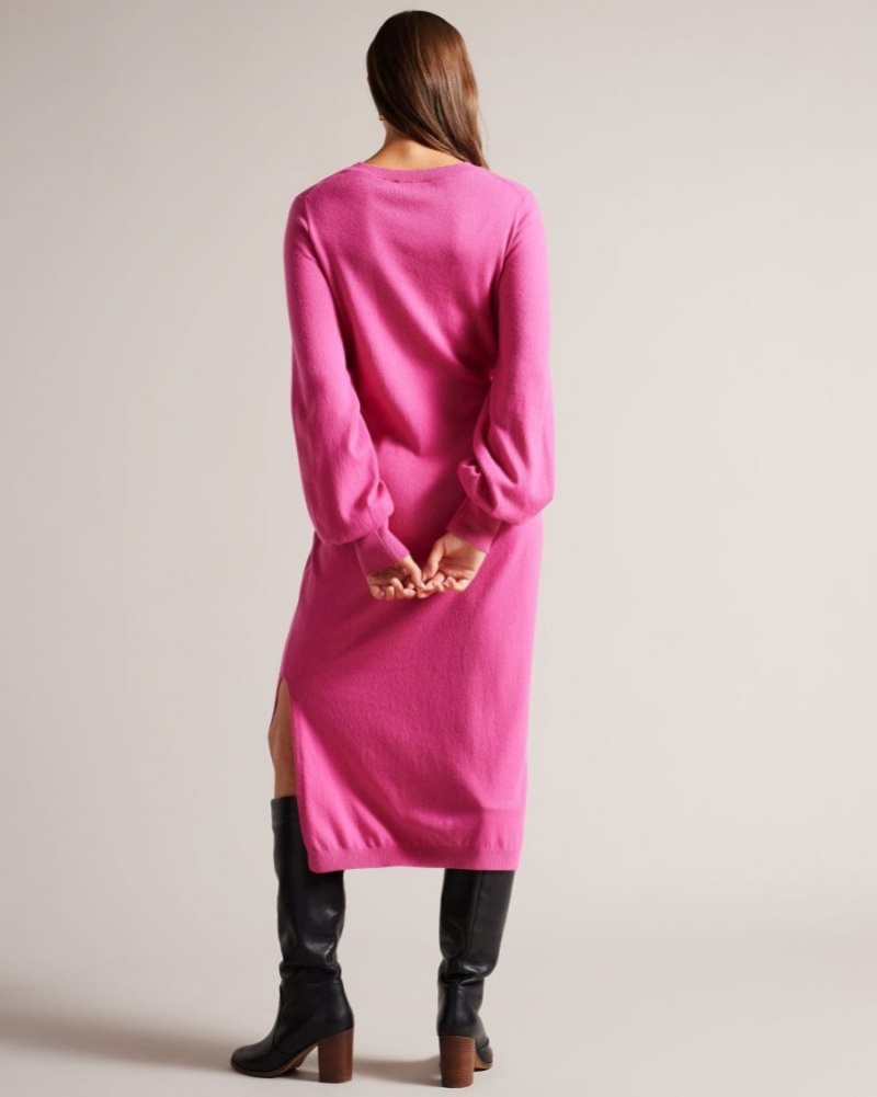 Bright Pink Ted Baker Essya Slouchy Tie Front Midi Knit Dress Dresses | VXZSRYO-85