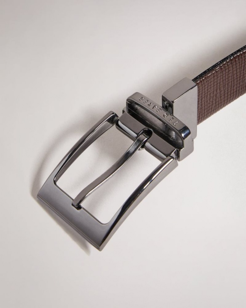 Brown-Chocolate Ted Baker Twin Cross Hatch Leather Reversible Belt Belts | EQDSBVR-96