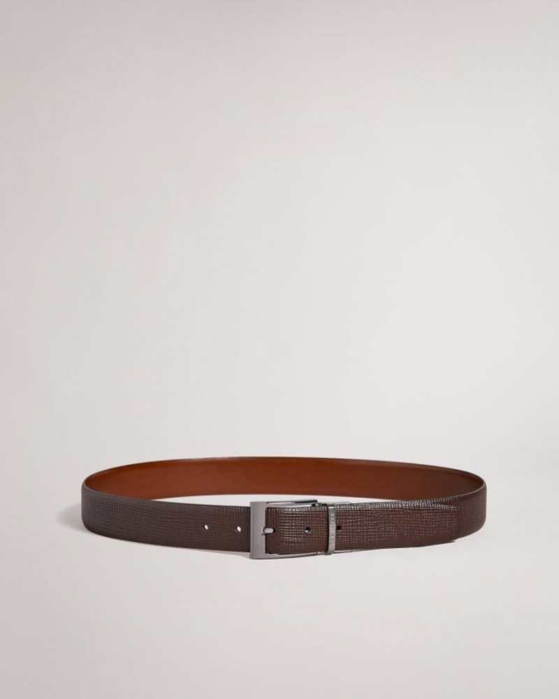 Brown-Chocolate Ted Baker Twin Cross Hatch Leather Reversible Belt Belts | EQDSBVR-96