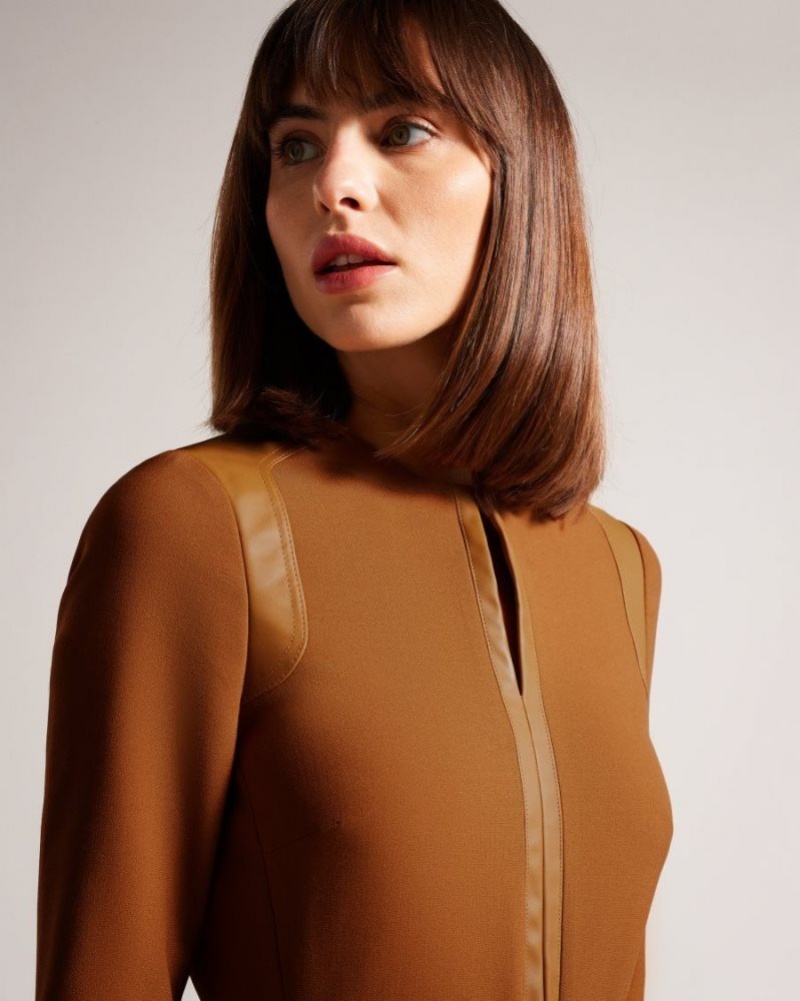 Camel Ted Baker Halleid Pencil Dress With Faux Leather Panelling Dresses | FWLEKQM-69