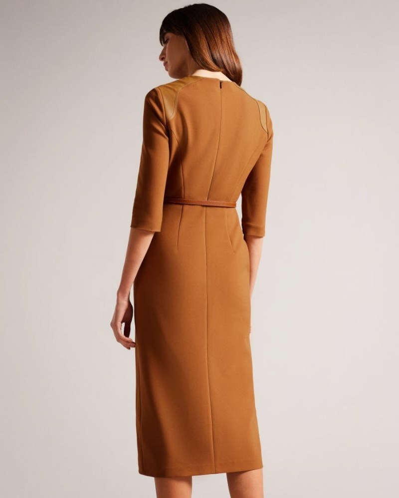 Camel Ted Baker Halleid Pencil Dress With Faux Leather Panelling Dresses | FWLEKQM-69