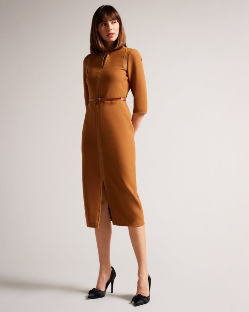 Camel Ted Baker Halleid Pencil Dress With Faux Leather Panelling Dresses | FWLEKQM-69