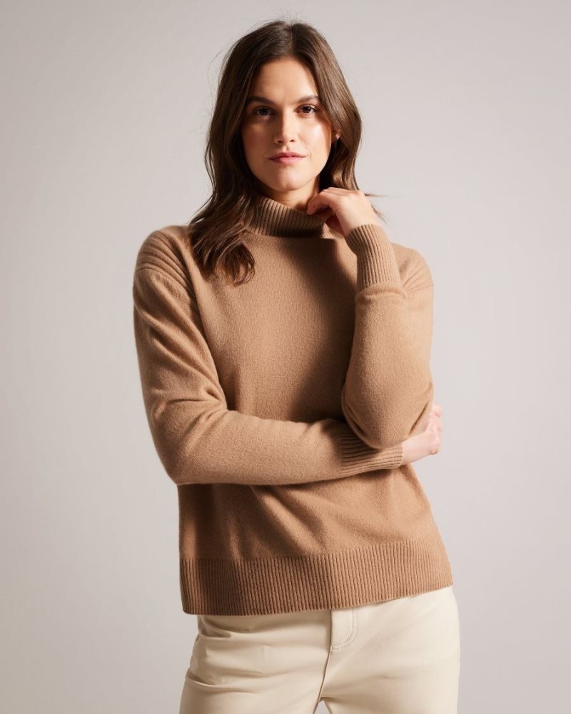 Camel Ted Baker Ruthell Organic Cashmere Roll Neck Jumper Jumpers & Cardigans | OXYBQEV-17