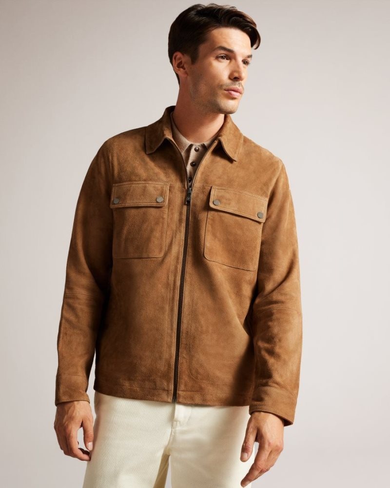 Camel Ted Baker Thierry Suede Zip Through Shacket Coats & Jackets | KVPQESY-40